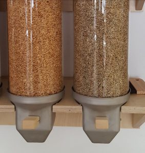 Zwei Glasschütten, gefüllt mit unterschiedlichen Getreidesorten